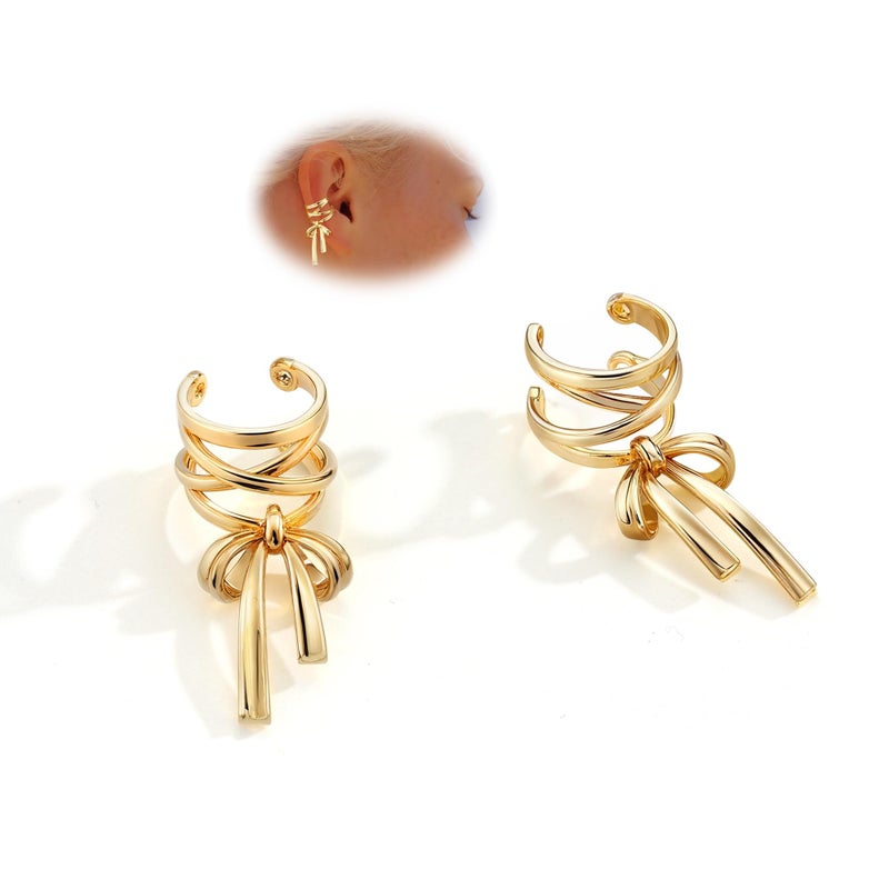 KRFY 1 Pair Bow Ear Cuffs Non Piercing for Women - Adjustable Dangle Cuff Earrings Sparkling 16K Gold Plated Wrap Clip On Cartilage Helix Conch Fake Earrings Faux Jewelry - Image 1