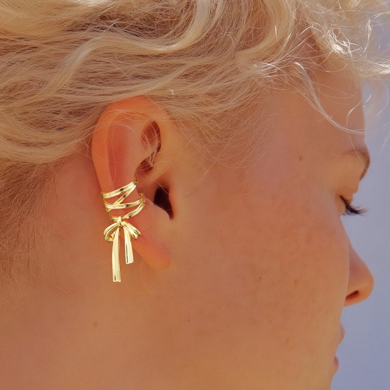 KRFY 1 Pair Bow Ear Cuffs Non Piercing for Women - Adjustable Dangle Cuff Earrings Sparkling 16K Gold Plated Wrap Clip On Cartilage Helix Conch Fake Earrings Faux Jewelry - Image 5