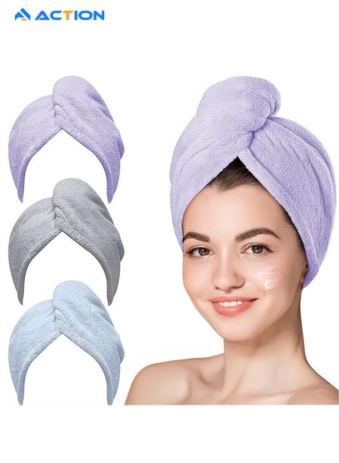 ACTION Microfiber Towel, 3 Packs Hair Turbans For Wet Hair, Drying Hair Wrap For Women Anti Frizz(Purple, Blue, Grey) - Image 1