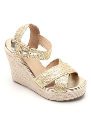 Gold Straw Crossed Toe Straps Wedge Sandals
