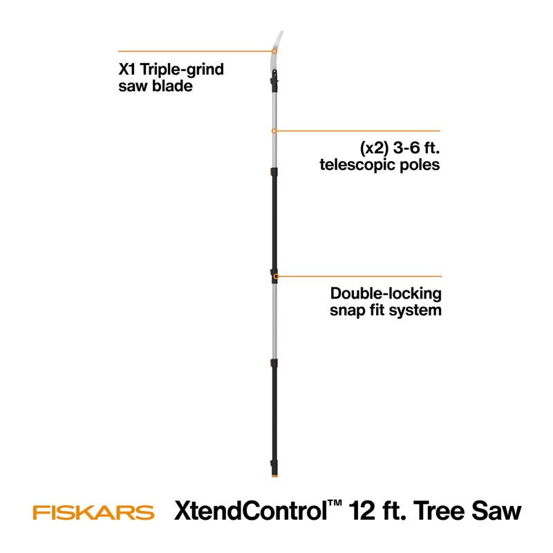 Fiskars XtendControl 12' Tree Pruner with 15" X1 Triple-Grind Saw, Two 3-6 Ft Extension Poles for Overhead Branch Trimming, Lightweight Aluminum Pole Saw with Secure Double-Locking System, Orange - Image 2