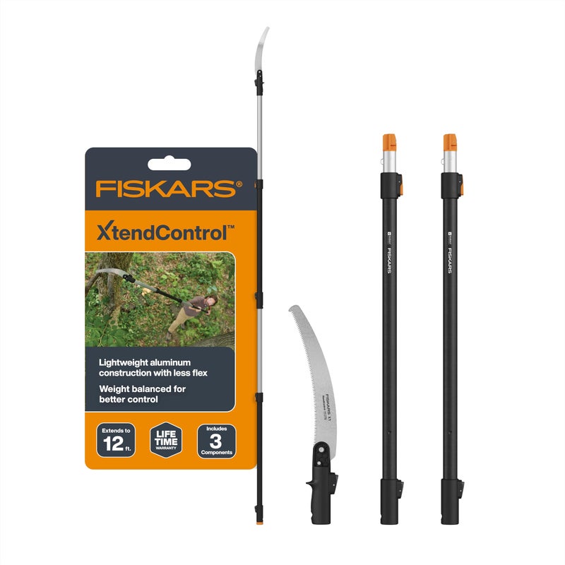 Fiskars XtendControl 12' Tree Pruner with 15" X1 Triple-Grind Saw, Two 3-6 Ft Extension Poles for Overhead Branch Trimming, Lightweight Aluminum Pole Saw with Secure Double-Locking System, Orange - Image 1