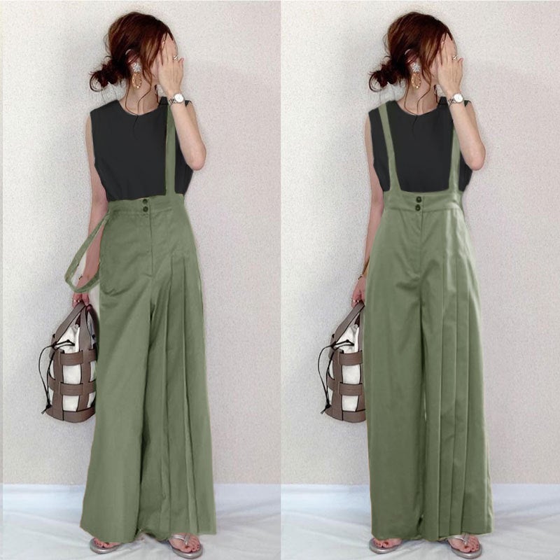 2024 Summer Japanese Asymmetrical Pleated Jumpsuit Green