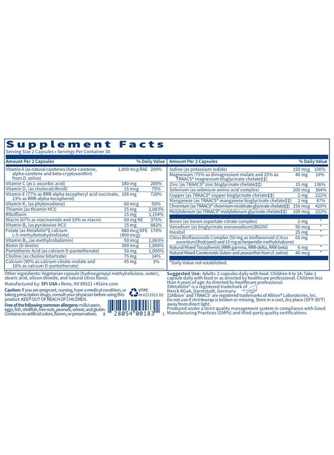 Klaire Labs Vitaprime - Twice Daily Iron-Free Multivitamin & Mineral with Metafolin Folate (60 Capsules) - Image 4