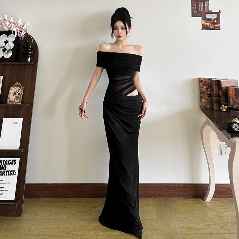 Weird girl, French cool mesh one-shoulder long-sleeved dress, hollowed-out waist-revealing fishtail skirt - Image 1