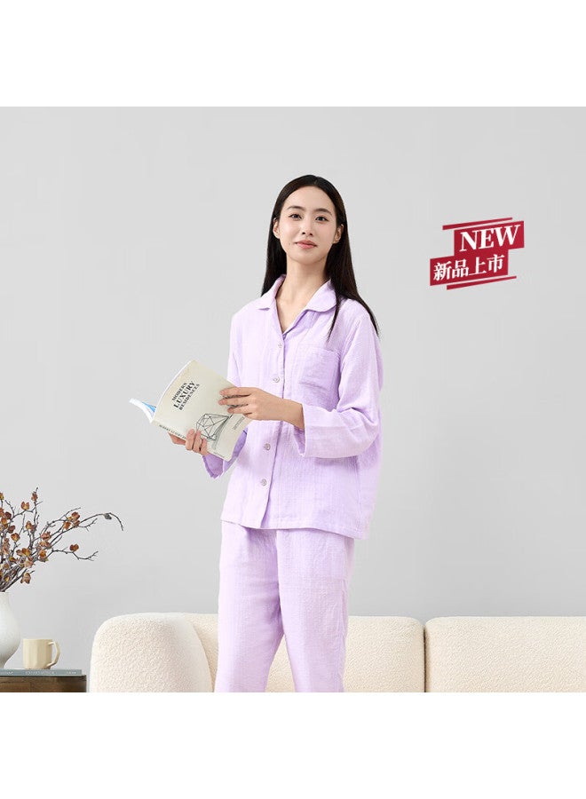 Uchino Women's Pure Cotton Autumn Winter Pajama Set, Wearable Homewear, Cloud Soft Gauze Long Sleeve And Long Pants, Purple, Size S
