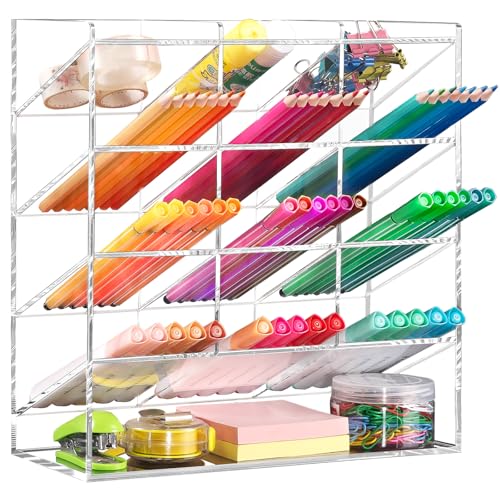 BEYGORM Acrylic Vertical Marker Organizer for 150 Markers with 13 Compartments, Clear Angled Pen & Pencil Holder, Large Desk Stationery & Art Supply Storage for Office & School (10.2 x 9.8 x 4 Inch) - Image 1