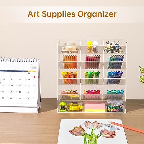 BEYGORM Acrylic Vertical Marker Organizer for 150 Markers with 13 Compartments, Clear Angled Pen & Pencil Holder, Large Desk Stationery & Art Supply Storage for Office & School (10.2 x 9.8 x 4 Inch) - Image 5
