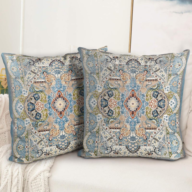 BUAEL Boho Floral Throw Pillow Covers 18x18 inch Set of 2,Blue Boho Rug Geometric Floral Pattern Decor Double Sided Pattern Cushion Cover Soft Pillow Case Living Sofa Room Bed Square Pillow Cover - Image 1