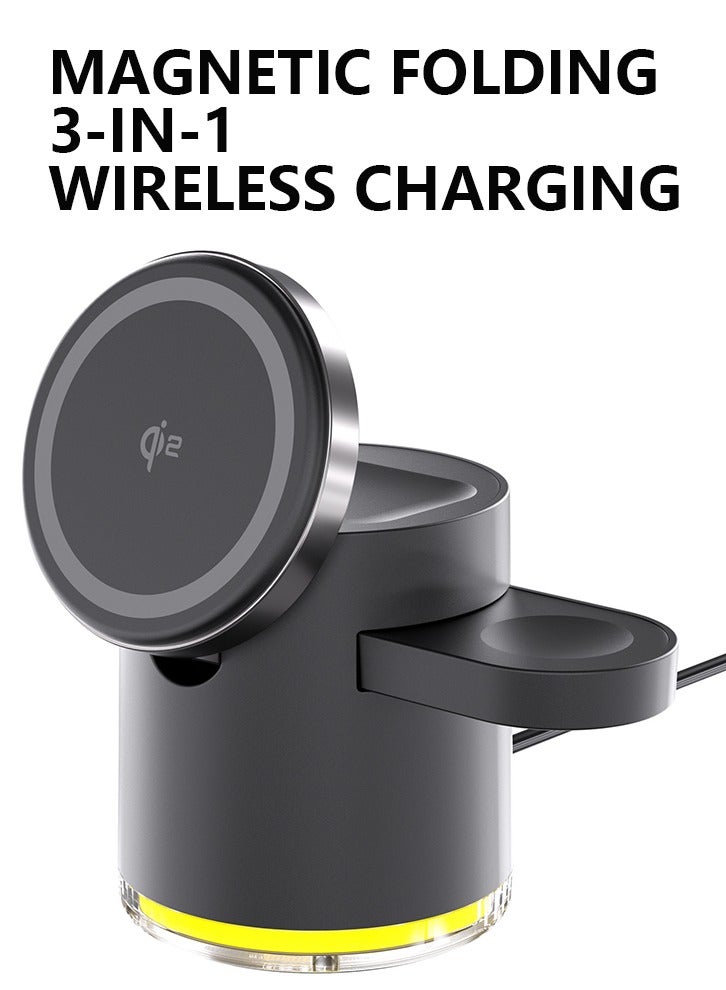 3-in-1 Wireless Charging Station for Apple Devices, 15W Wireless Charger for iPhone 16/15/14/13/12, Apple Watch, AirPods, Magnetic Foldable Fast Charger Apple Charging Station (Black)  - Image 1