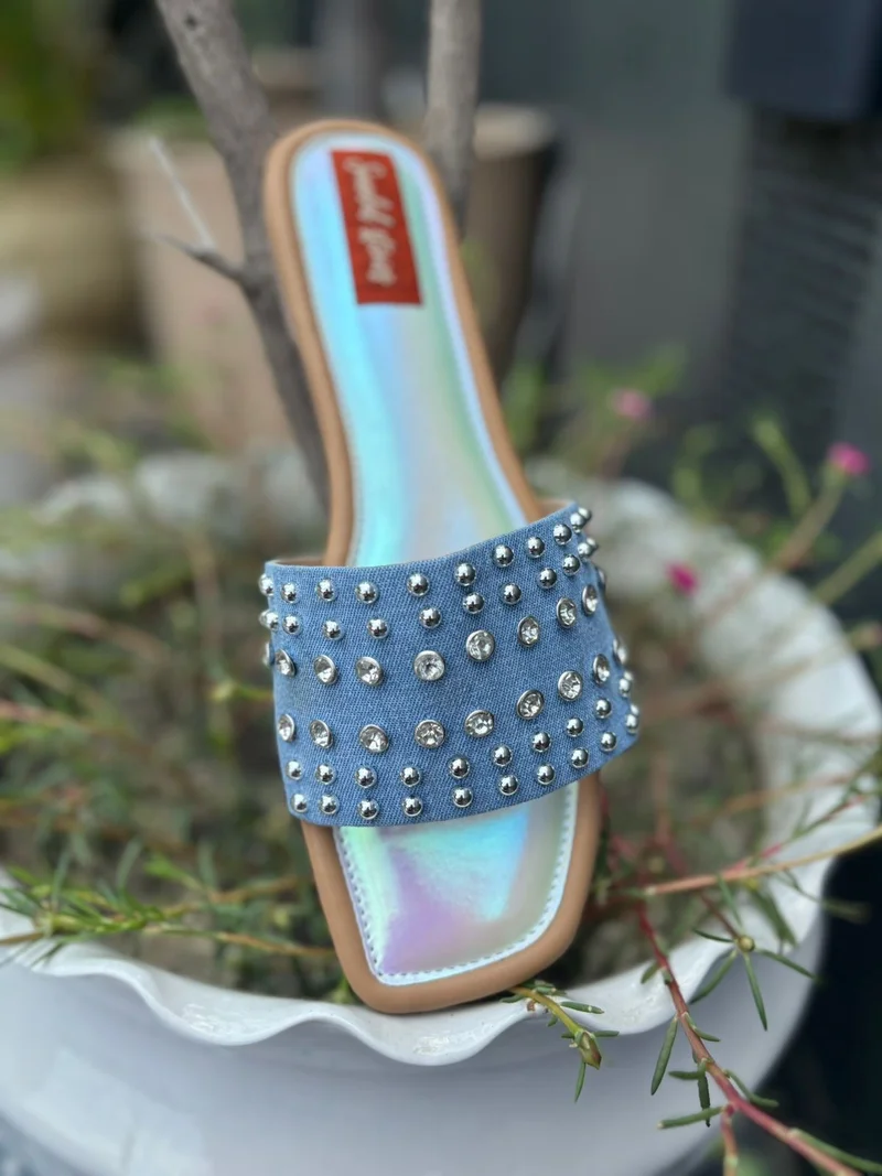 Sandal Stories Denim Blue Studded Slides for Women