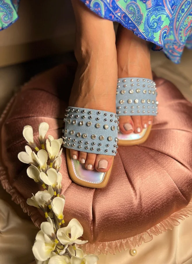 Sandal Stories SANDAL STORIES Women Twinkle Toes Denim Studded Slides - Beige Open Toe Flats