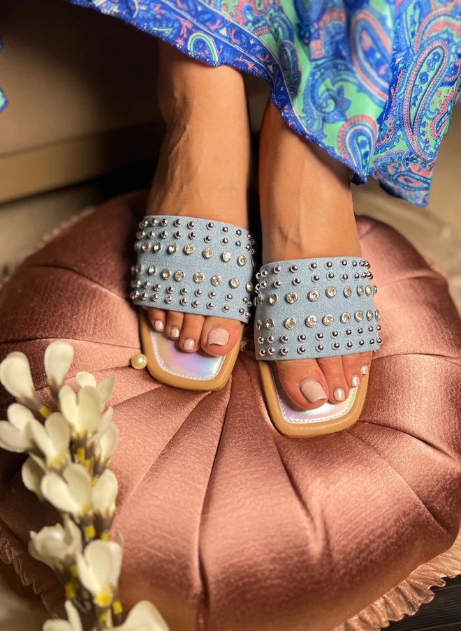 Sandal Stories SANDAL STORIES Women Twinkle Toes Denim Studded Slides - Beige Open Toe Flats