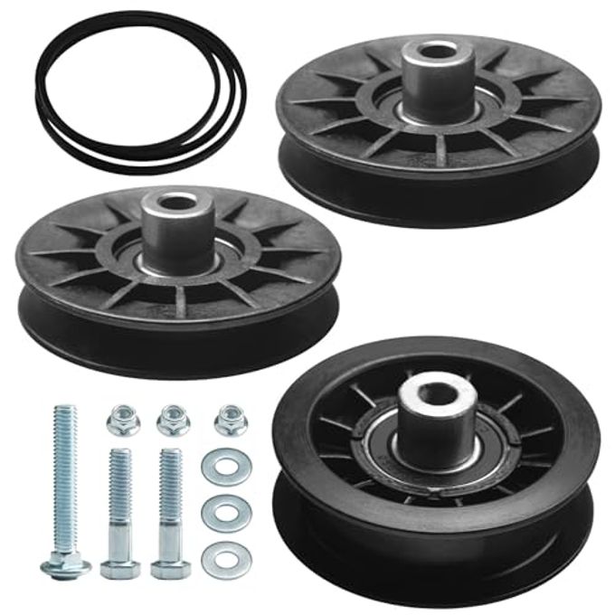 Karbay 2 Pack 532194326 V-Groove Idler Pulley & 532194327 Idler Pulley & 532130969 Belt for Husqvarna Riding Lawn Mowers 280-6630, 194327, 194326, LGT 2654, YTH 1542 XPT, YTH 20 K 46, YTH 2348, YTH 2454 - Image 1