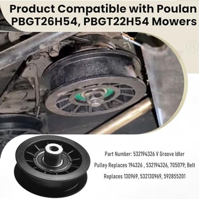 Karbay 2 Pack 532194326 V-Groove Idler Pulley & 532194327 Idler Pulley & 532130969 Belt for Husqvarna Riding Lawn Mowers 280-6630, 194327, 194326, LGT 2654, YTH 1542 XPT, YTH 20 K 46, YTH 2348, YTH 2454 - Image 3