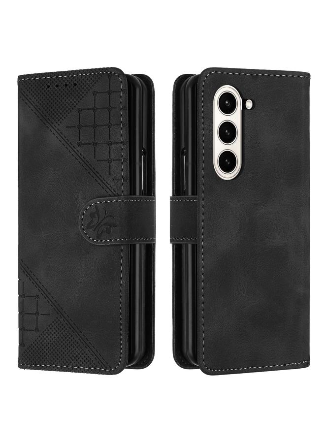 Green Tiger For Samsung Galaxy Z Fold6 YX0080 Grid Butterfly Embossed Pattern Flip Leather Phone Case with Lanyard(Black)
