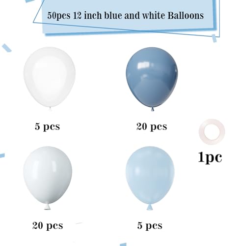 YMSZ Dusty Blue Balloons 50pcs 12 inch Dusty Blue Light Blue and White Transparent Balloons for Baby Shower Theme Party Supplies Wedding Birthday Graduation Party Decorations - Image 5