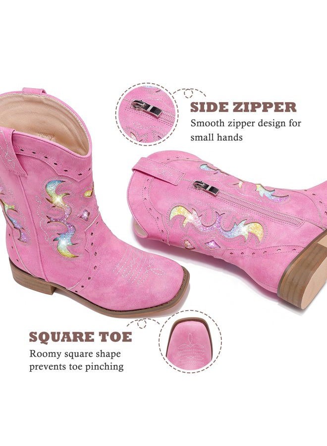 LAURMOSA Kids Cowgirl Boots for Girls Western Square Toe Girls Sparkle Boots Zipper Mid Calf Low Heel Horse Riding for Toddler Little Big Kids, Fuchsia Rainbow, 1 Big Kid - Image 4