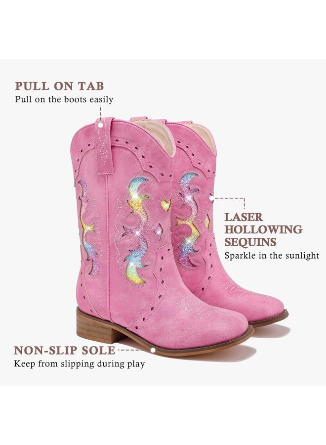 LAURMOSA Kids Cowgirl Boots for Girls Western Square Toe Girls Sparkle Boots Zipper Mid Calf Low Heel Horse Riding for Toddler Little Big Kids, Fuchsia Rainbow, 1 Big Kid - Image 5