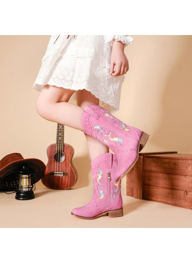 LAURMOSA Kids Cowgirl Boots for Girls Western Square Toe Girls Sparkle Boots Zipper Mid Calf Low Heel Horse Riding for Toddler Little Big Kids, Fuchsia Rainbow, 1 Big Kid - Image 2