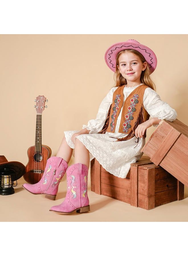 LAURMOSA Kids Cowgirl Boots for Girls Western Square Toe Girls Sparkle Boots Zipper Mid Calf Low Heel Horse Riding for Toddler Little Big Kids, Fuchsia Rainbow, 1 Big Kid - Image 3