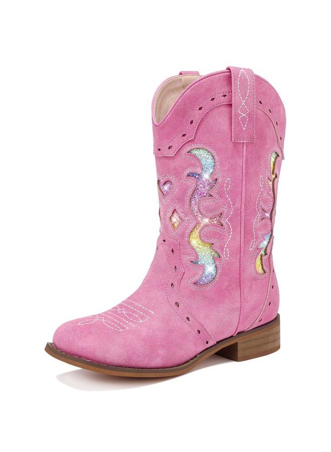 LAURMOSA Kids Cowgirl Boots for Girls Western Square Toe Girls Sparkle Boots Zipper Mid Calf Low Heel Horse Riding for Toddler Little Big Kids, Fuchsia Rainbow, 1 Big Kid - Image 1