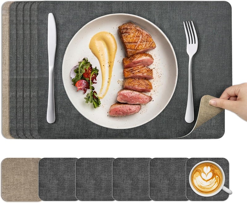 KitchenBoss Placemats and Coasters Set 6: Dual Sided Place Mats for Table, Wipeable Black Dinner Mat Coaster Sets, Non Slip Washable Dining Table Plate Mats，43 * 30cm (Grey + Beige) - Image 1