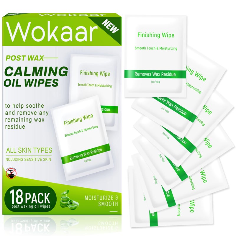 Wokaar Post Wax Aftercare Oil Wipes - Refill Pack with 18 Balm Wipes, Removes Wax Residue, After Wax Care for Face, Bikini,Legs Area - Image 1
