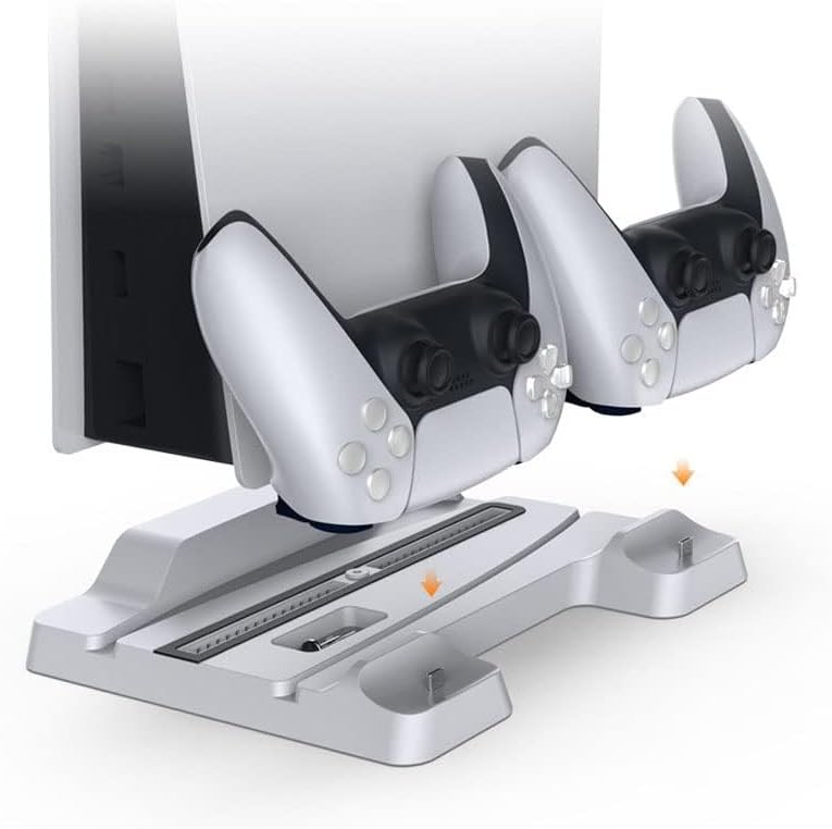 KASTWAVE For PS5/ PS5 Slim Stand for Disc & Digital Console, For PS5 Multifunctional Controller Charging Station, Dual Controller Charger Station with Headset Holder, with LED Light - Image 3