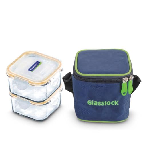 Glasslock Korea Tempered Glass Lunch Box for Office Use - Square, 490ml, Set of 2 - Airtight Glass Tiffin Box With Carry Bag for Office for Men & Women - Microwave/Dishwasher/Fridge/Freezer Safe - Image 1