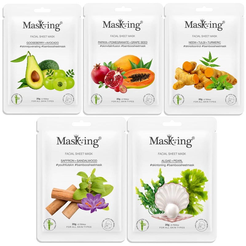 MasKing Bamboo Facial Sheet Mask of Gooseberry Papaya Neem Saffron Algae Ideal for Women Men 100ml Combo Pack of 5 - Image 1