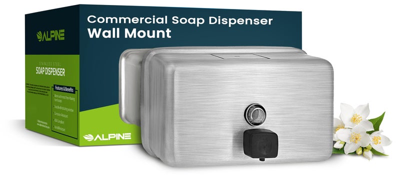 Alpine Industries Alpine Commercial Soap Dispenser Wall Mount Soap Dispenser for Bathroom, Manual Metal Soap Dispenser, Stainless Hanging Soap Dispenser, Large 1200 ml ADA Compliant (Horizontal) - Image 1