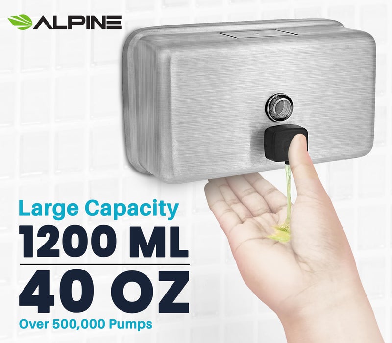 Alpine Industries Alpine Commercial Soap Dispenser Wall Mount Soap Dispenser for Bathroom, Manual Metal Soap Dispenser, Stainless Hanging Soap Dispenser, Large 1200 ml ADA Compliant (Horizontal) - Image 2