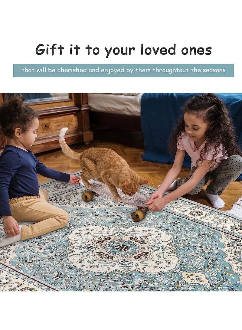 Arabest 140x200cm Area Rug, Non-Slip Distressed Vintage Persian Oriental Area Rug, Small Accent Throw Low Pile Rugs Floor Carpet for Door Mat Entryway Bedrooms Decor (blue)  - Image 2
