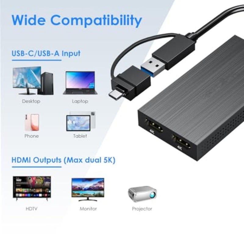 موزع USB 3.0/C إلى HDMI مزدوج للعرض الممتد، ألومنيوم أسود، محول DisplayLink 4K 60 هرتز لأجهزة Apple Mac M1/M2/M3 أو Windows 10/11 - Image 4