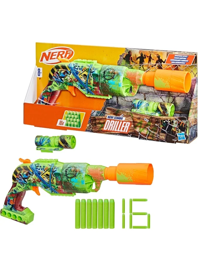 نيرف Nerf Zombie Driller Dart Blaster, 16 Nerf Elite Darts, Rotating 5 Dart Cylinder, Removable Scope, Outdoor Games, Ages 8+