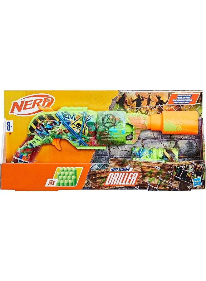 NERF Nerf Zombie Driller Dart Blaster, 16 Nerf Elite Darts, Rotating 5 Dart Cylinder, Removable Scope, Outdoor Games, Ages 8+