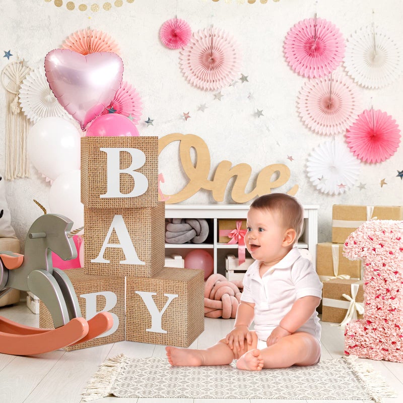 RUBFAC Burlap Print Baby Boxes with Letters for Baby Shower, 4pcs Rustic Farmhouse Style Boho Balloon Boxes with Burlap Grain for Birthday Gender Reveal Decoration Backdrop Photo Props - Image 5