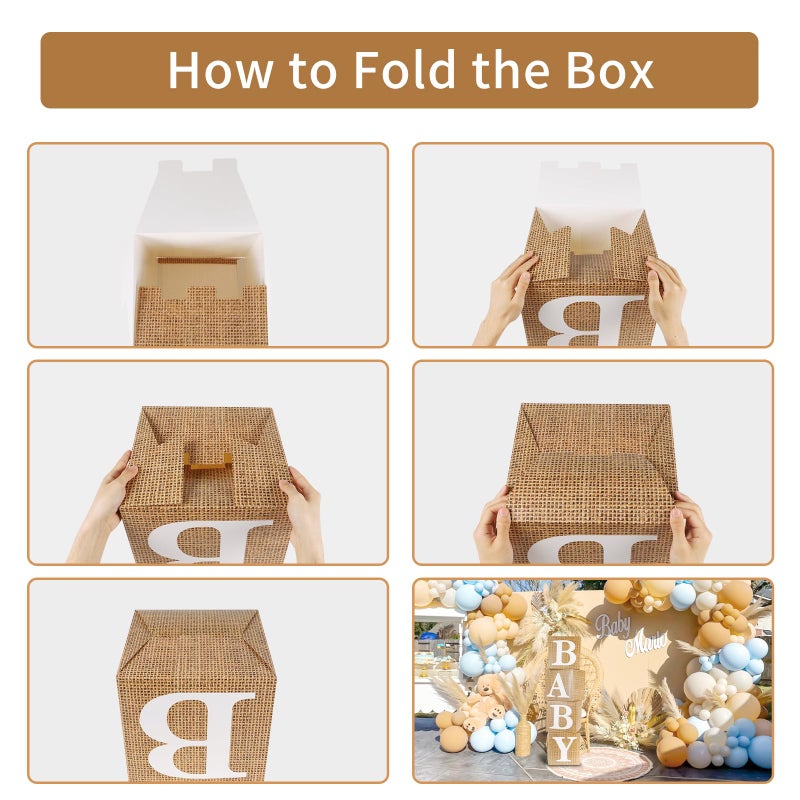 RUBFAC Burlap Print Baby Boxes with Letters for Baby Shower, 4pcs Rustic Farmhouse Style Boho Balloon Boxes with Burlap Grain for Birthday Gender Reveal Decoration Backdrop Photo Props - Image 4