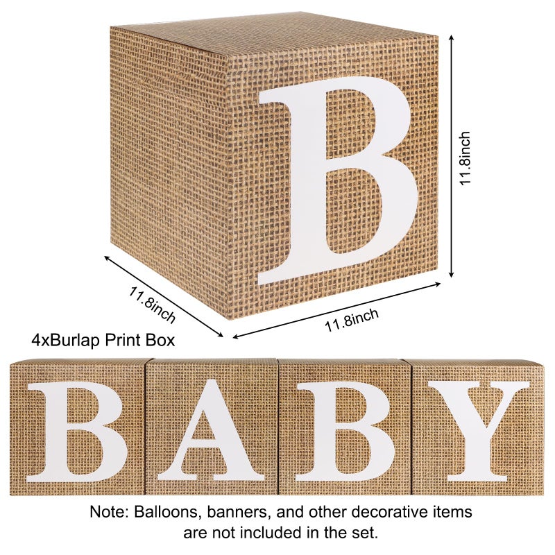 RUBFAC Burlap Print Baby Boxes with Letters for Baby Shower, 4pcs Rustic Farmhouse Style Boho Balloon Boxes with Burlap Grain for Birthday Gender Reveal Decoration Backdrop Photo Props - Image 2