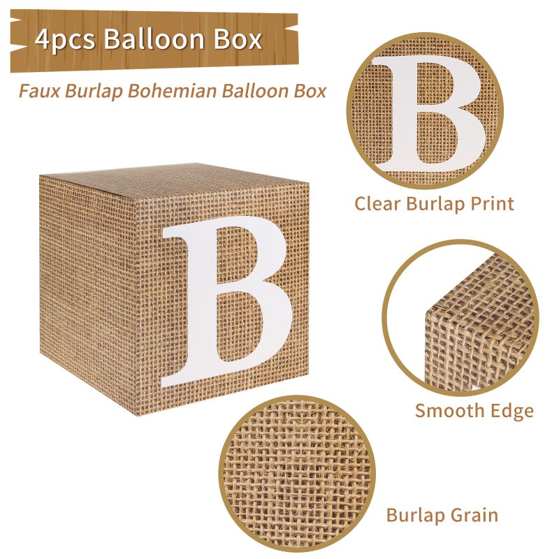 RUBFAC Burlap Print Baby Boxes with Letters for Baby Shower, 4pcs Rustic Farmhouse Style Boho Balloon Boxes with Burlap Grain for Birthday Gender Reveal Decoration Backdrop Photo Props - Image 3