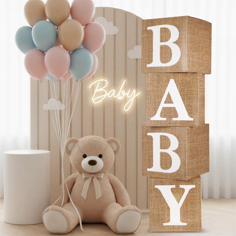 RUBFAC Burlap Print Baby Boxes with Letters for Baby Shower, 4pcs Rustic Farmhouse Style Boho Balloon Boxes with Burlap Grain for Birthday Gender Reveal Decoration Backdrop Photo Props - Image 1