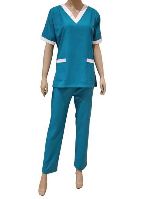 V-Neck Scrub Suit Cyan for Nanny Nurse Housekeeper