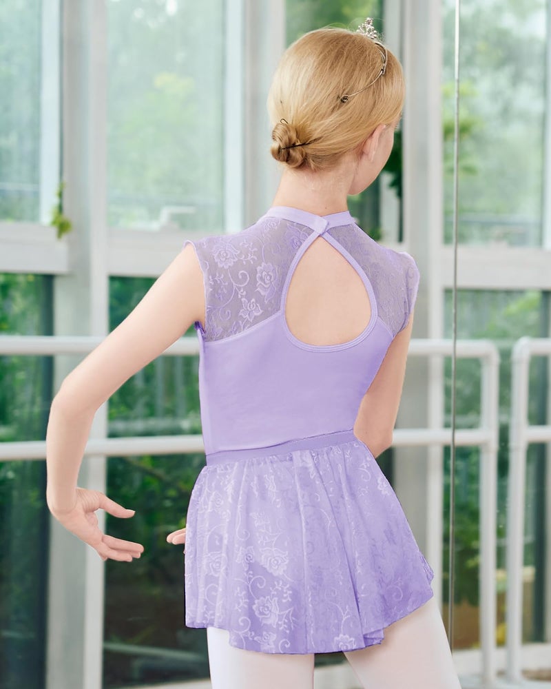 JiAmy Girls Ballet Leotards Cutout Back Dance Outfit Toddler Lace Dress Combo with Removable Skirt Purple 5-6 Years - Image 3