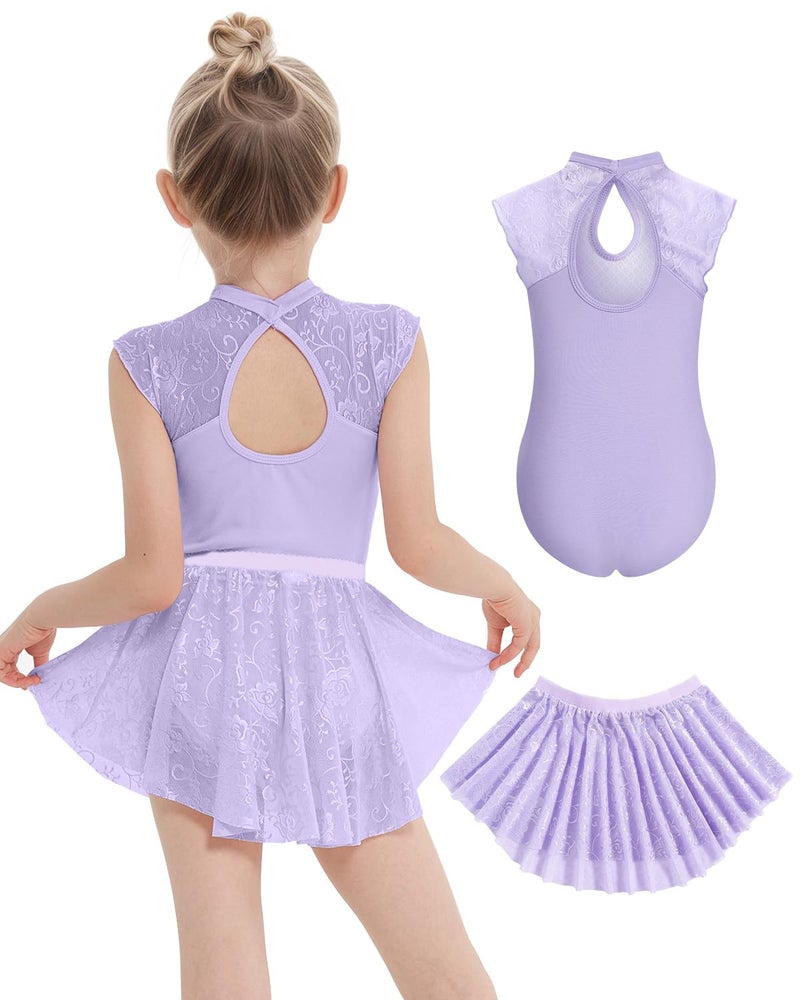 JiAmy Girls Ballet Leotards Cutout Back Dance Outfit Toddler Lace Dress Combo with Removable Skirt Purple 5-6 Years - Image 1