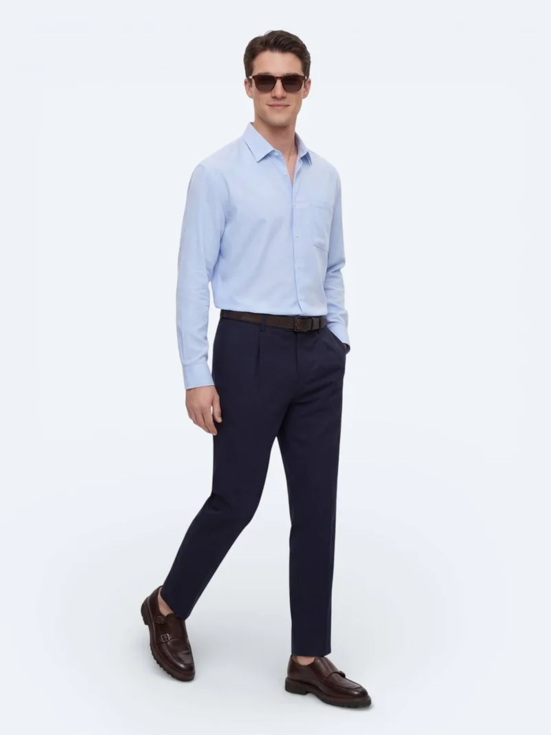 Kip Navy Blue Weaving Regular Fit Casual Cotton Blended Trousers