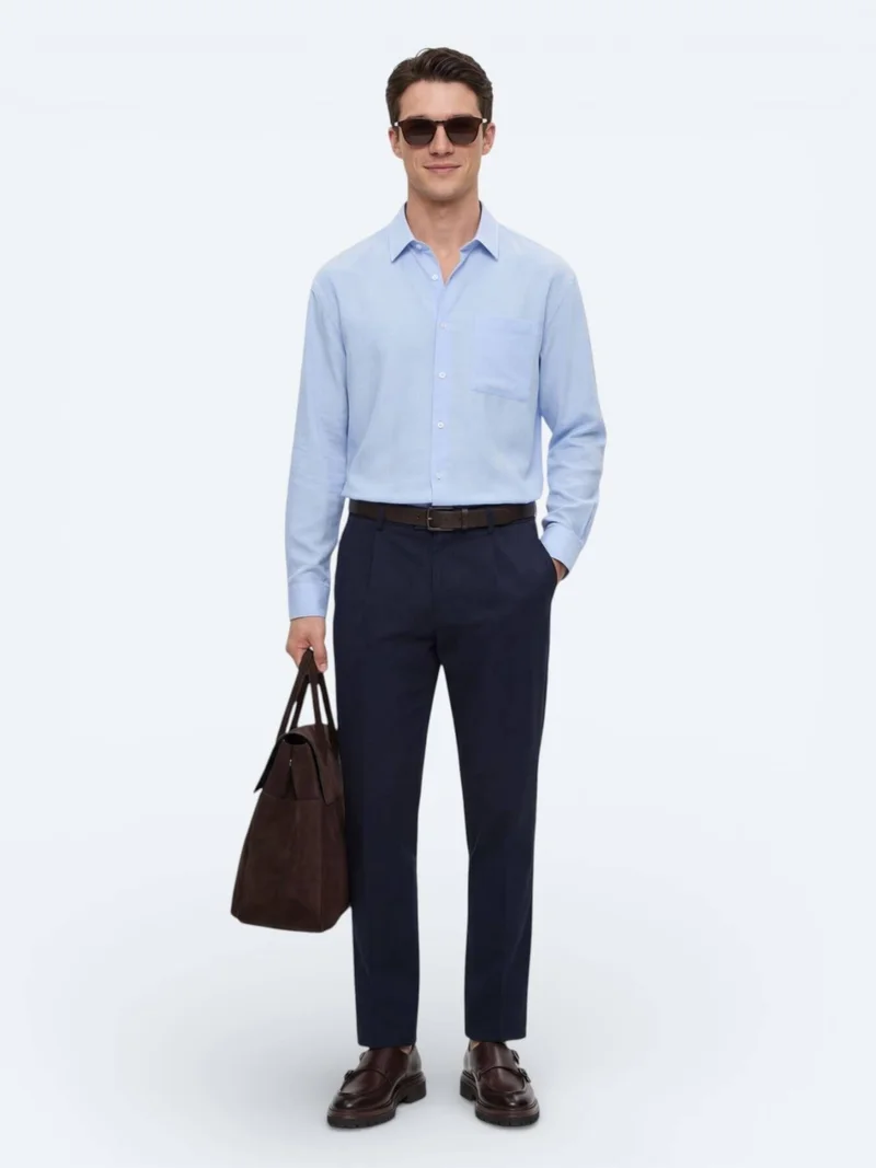 Kip Navy Blue Weaving Regular Fit Casual Cotton Blended Trousers