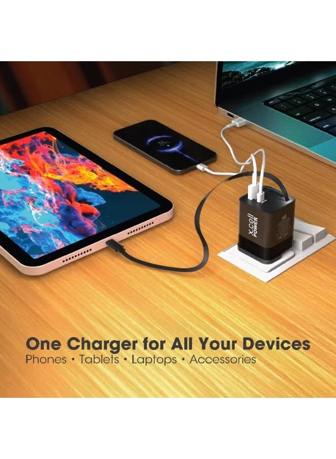 إكسيل شاحن سريع 65 واط بتقنية GaN II USB-C مع كابل قابل للسحب بطول 65 سم، شحن سريع بثلاثة منافذ (منفذان USB-C PD + منفذ USB-A QC 3.0)، يدعم تقنية PPS، شاحن جداري صغير الحجم لأجهزة iPhone 16/17 وسامسونج وأجهزة USB-C، أسود - Image 3