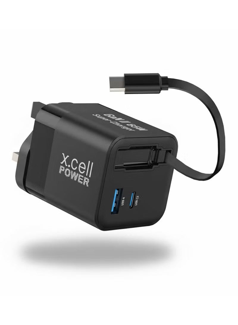 إكسيل شاحن سريع 65 واط بتقنية GaN II USB-C مع كابل قابل للسحب بطول 65 سم، شحن سريع بثلاثة منافذ (منفذان USB-C PD + منفذ USB-A QC 3.0)، يدعم تقنية PPS، شاحن جداري صغير الحجم لأجهزة iPhone 16/17 وسامسونج وأجهزة USB-C، أسود - Image 1
