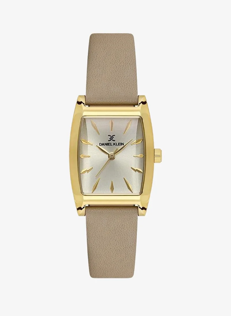 Daniel Klein Women's Leather Gold Alloy Case Analog Light Grey Square Sunray Dial Japanese Quartz Premium 30 Meters Water Resistant